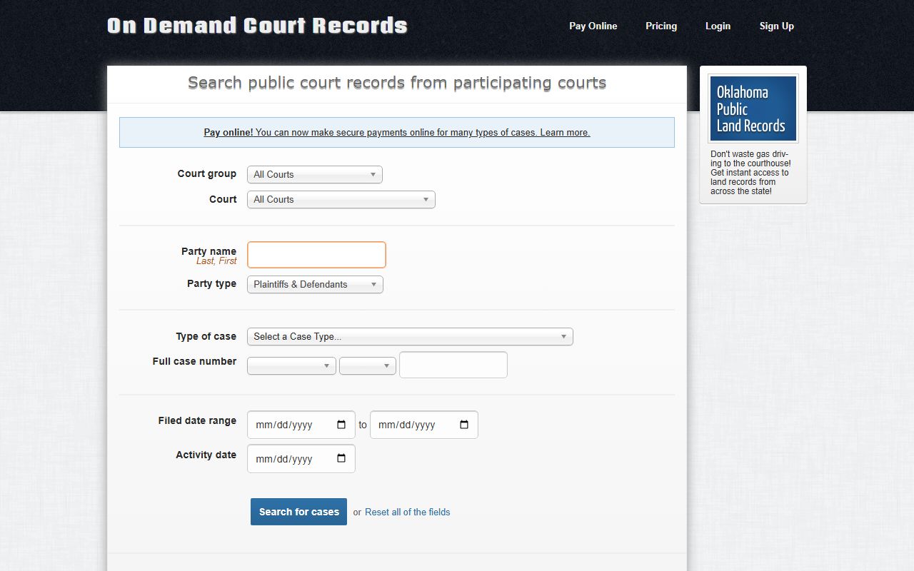 Oklahoma inmate population ODCR court records search fields